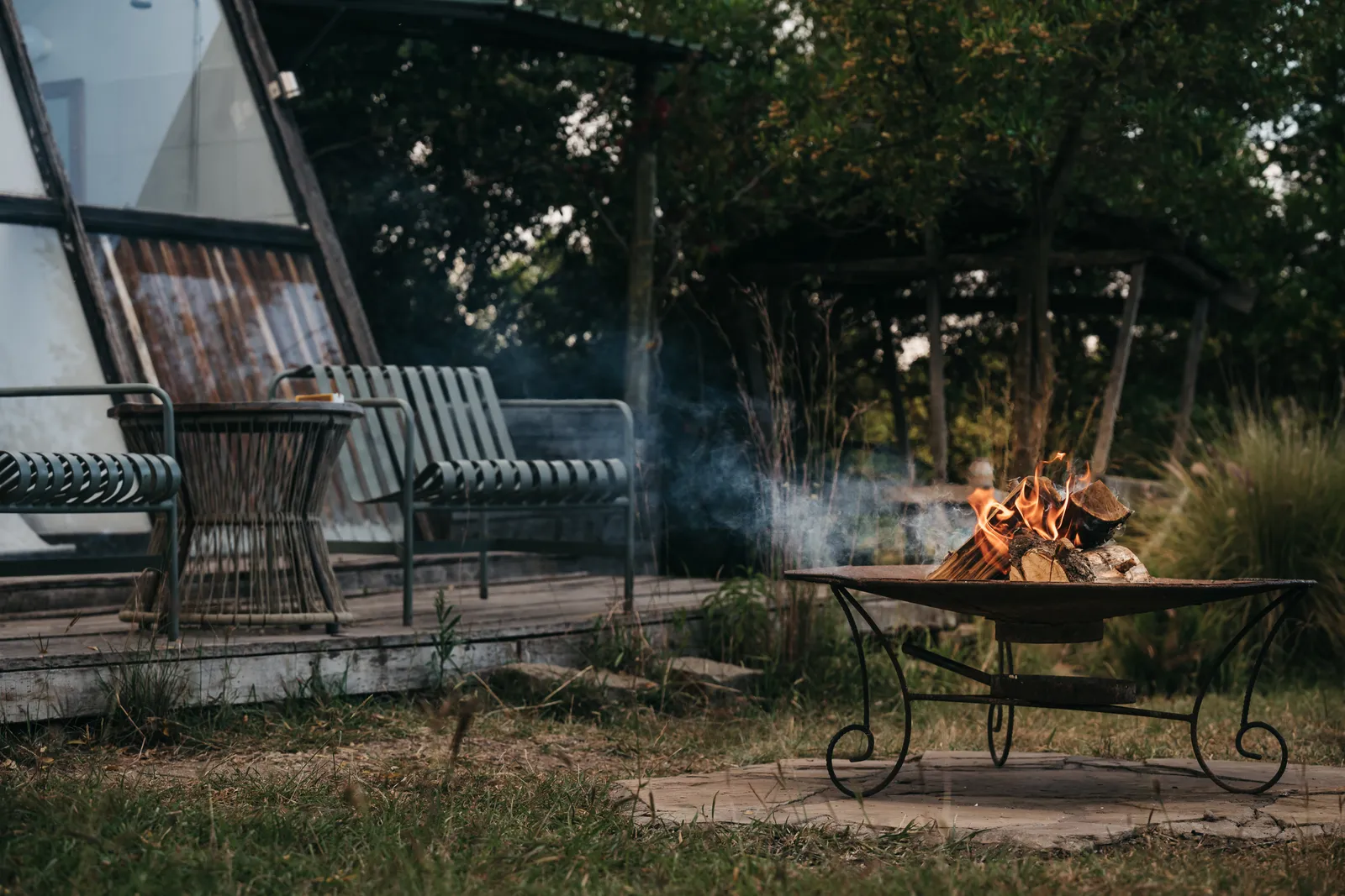 The fire at A-Frame Nest after dark