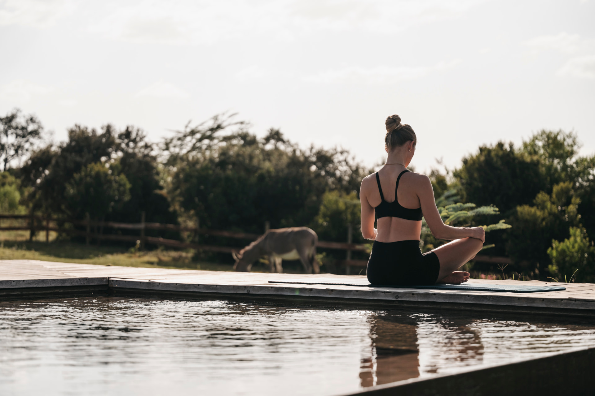 A woman sitting cross-legged on a yoga mat beside the pool at sunrise, with a donkey grazing beyond the fence