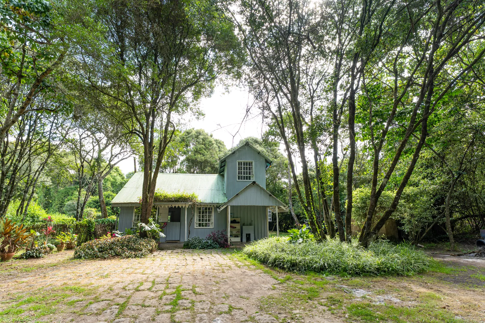 The cottage at Gilgil Nest seen along the cobbled path through the trees