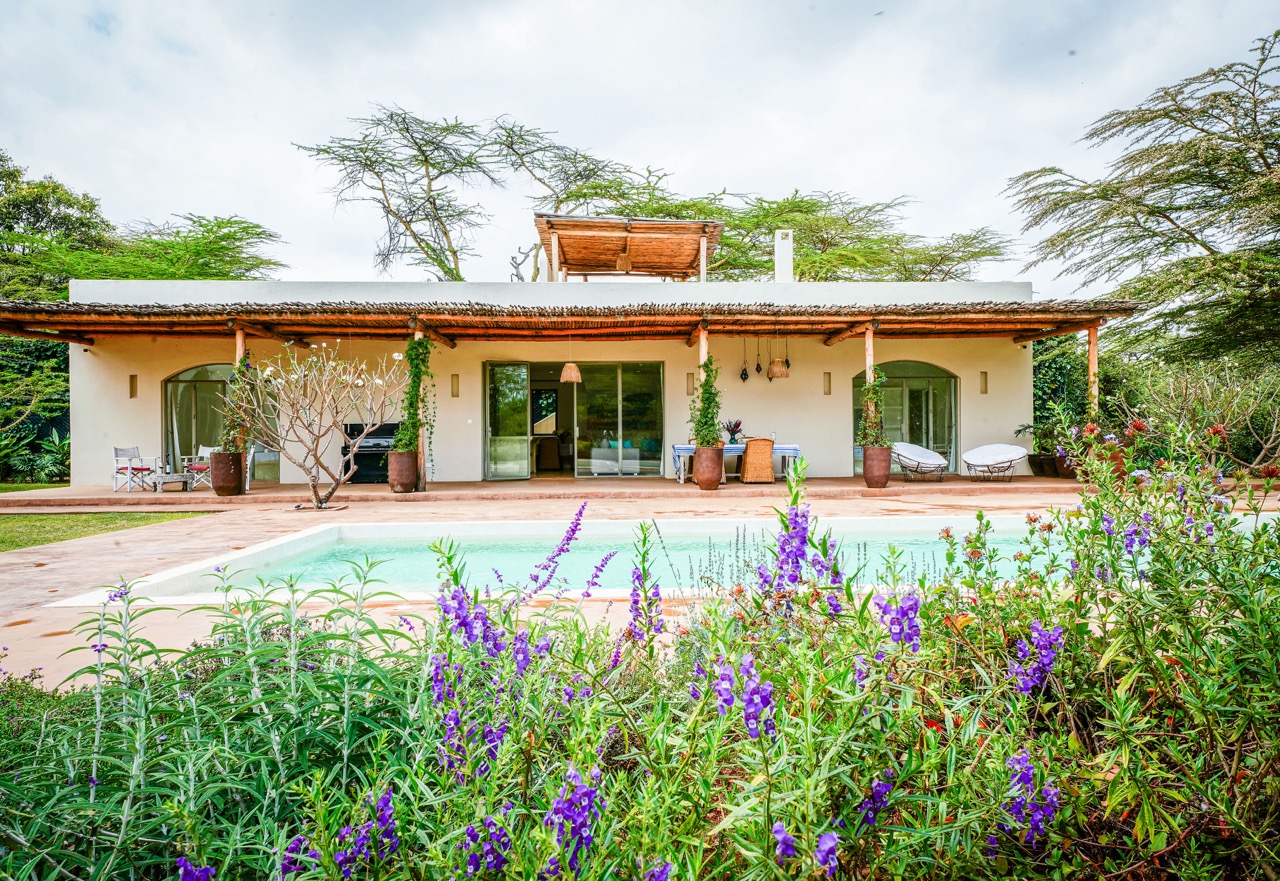 The pool and thatched veranda at Nairobi Pool Nest, framed by acacias and flowering borders