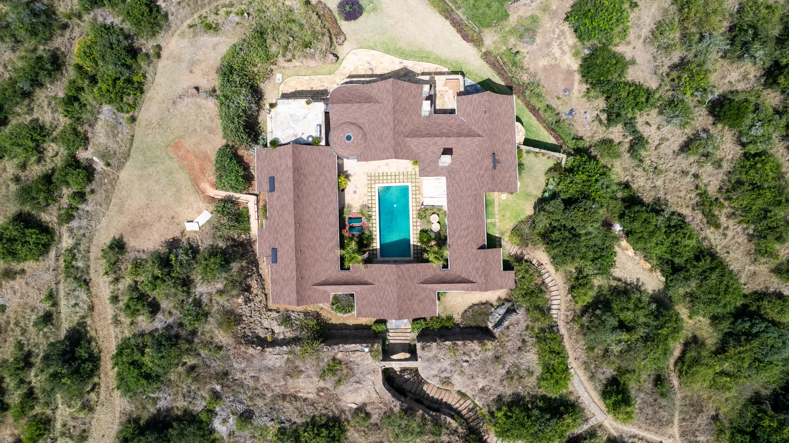 The courtyard and pool of Asili House from directly above