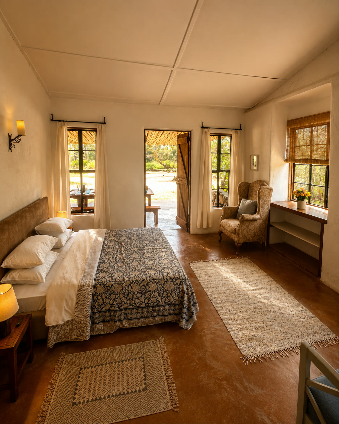 The bunk room in the main house at Laikipia Nest, with a door opening onto a sunny patio
