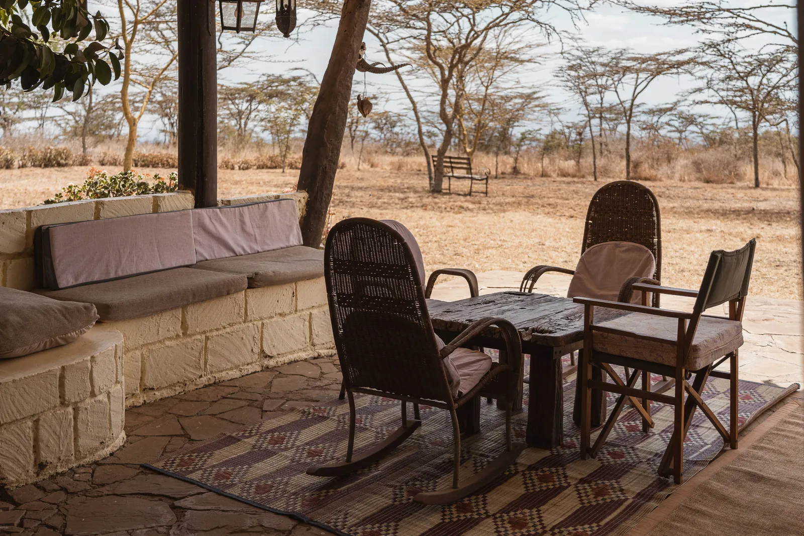 Woven chairs, a rocking chair and a cushioned stone bench on the verandah at Champagne Ridge Nest, looking out to the acacias